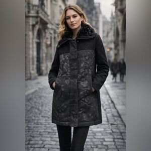 Desigual Jacket Women M Wool Blend Faux Fur Collar Textured Floral Black Coat